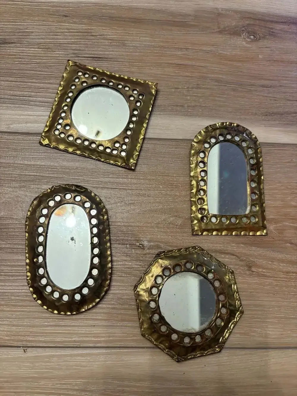 Set of 4 Vintage Walt Disney Company Moroccan Brass Punched Metal Mini Mirrors